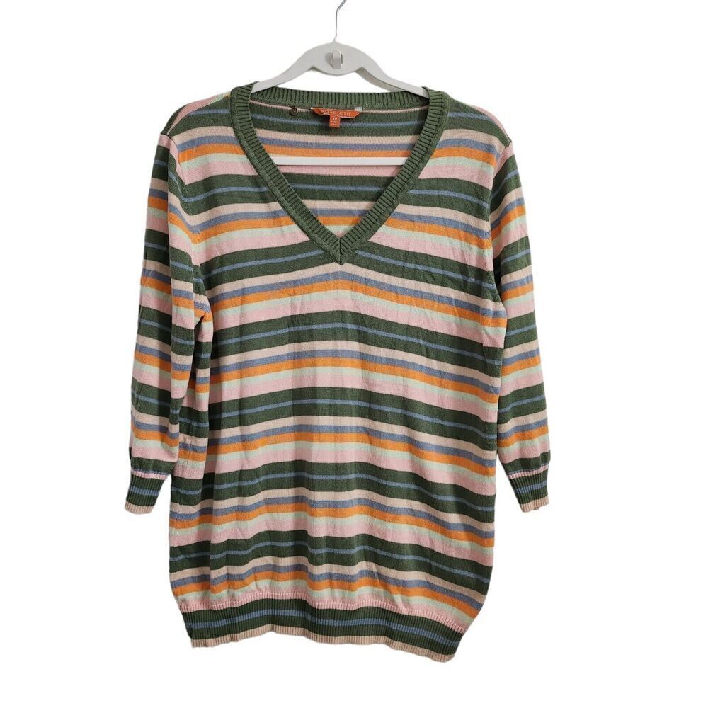 Modcloth Sweater Womens 1X Green Striped Knit V-Neck Pullover 3/4 Sleeve Cotton